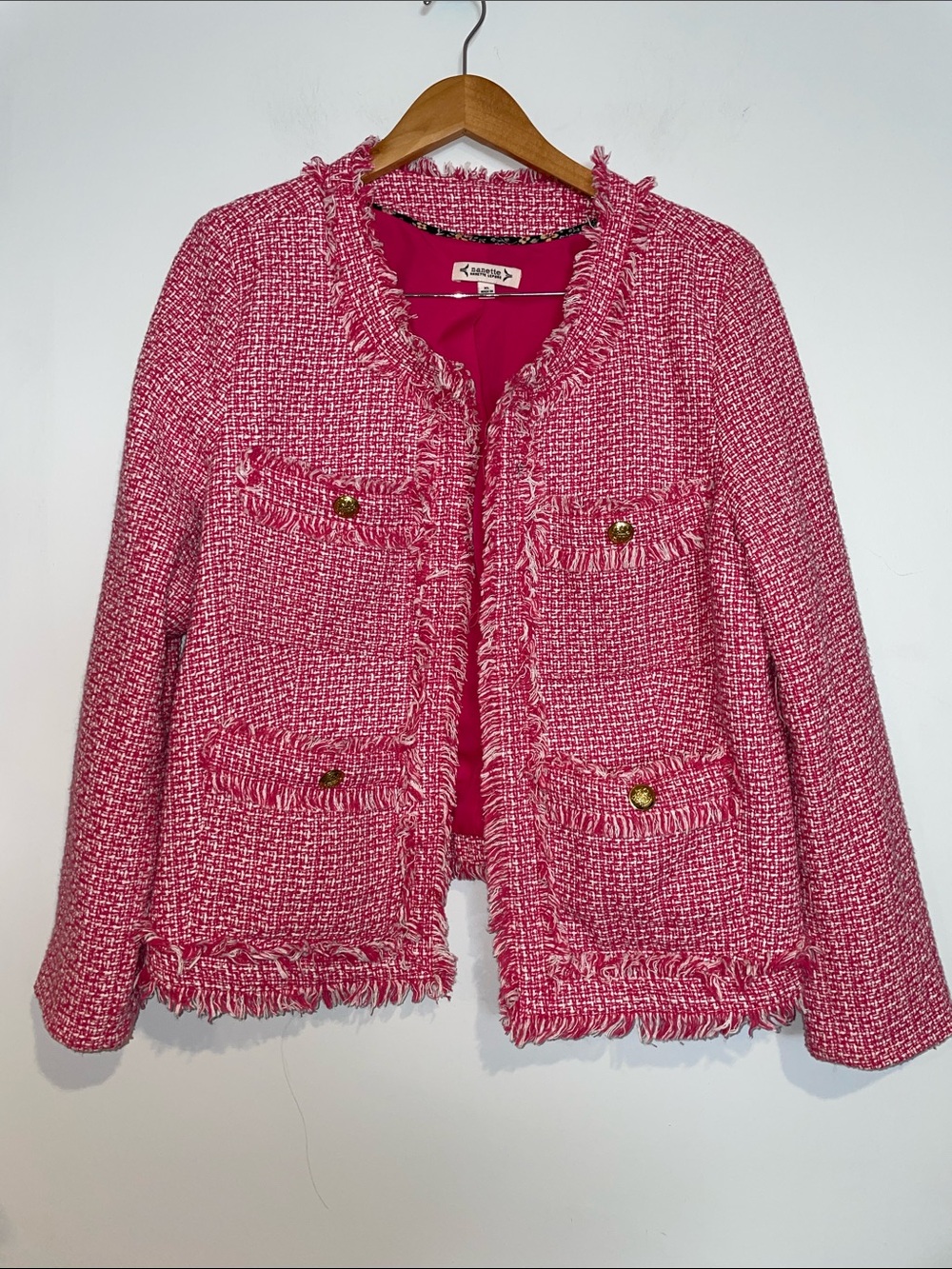 Nanette Lepore Pink Tweed Fringe Pocket Blazer XL